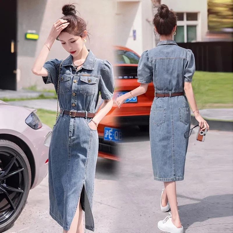 Gaun Denim wanita, lengan pendek kerah lipat, Dress setengah panjang musim panas pinggang tipis Vintage Fashion kasual 2024