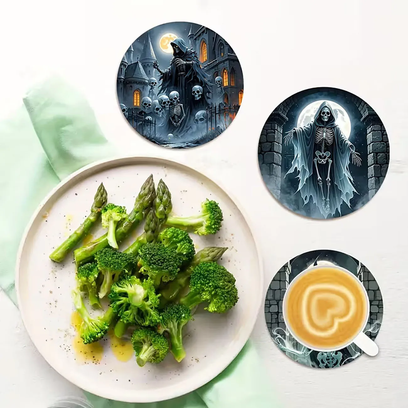 6Pcs Wooden Round Heat Insulation Drink Coasters Halloween Skeleton Grim Reaper Pattern Tabletop