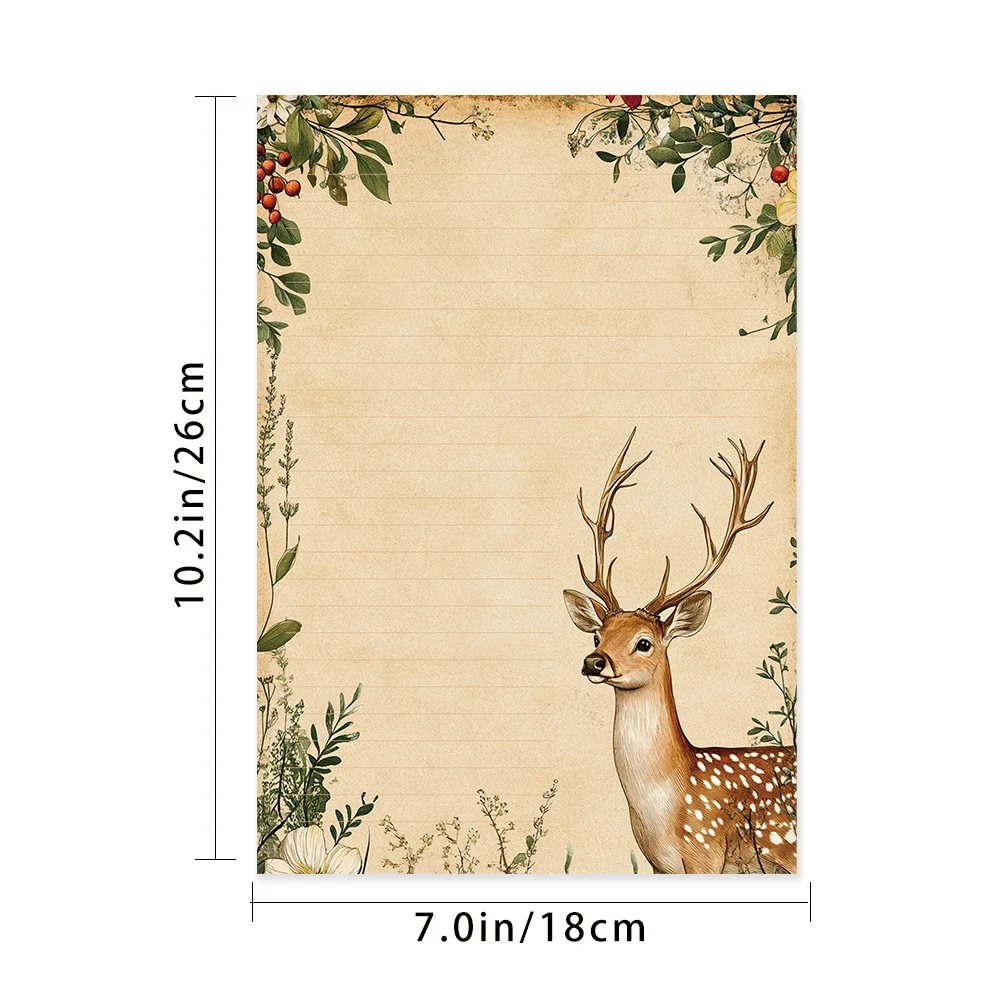 30 Sheets,B5 Vintage Green Plant And Plum Blossom Deer Writing Paper, Lined, No Glue, Perfect For Notebooks, Memos, And Stickers