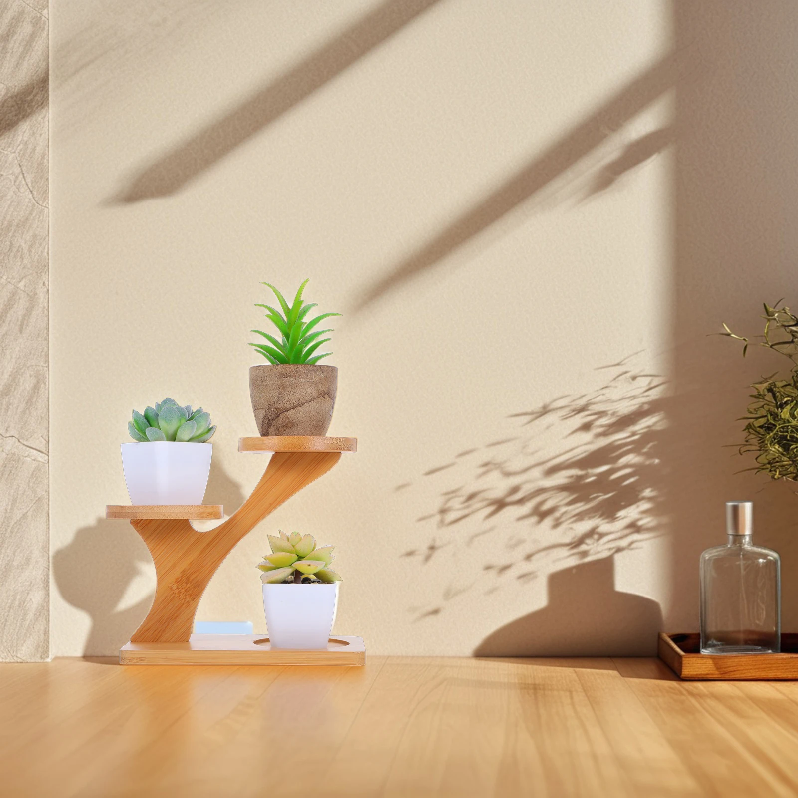 

2Pcs Bamboo Plant Tray Small Planter Base with Simple Retro Design for Garden Balcony Office Decor Multi-Tier Desktop Flowerpot