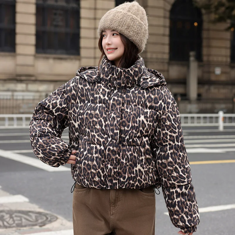 

Women Leopard Print Parkas Long Sleeve Coats Button Zipper Jacket Casual Hooded Short Jackets Thick Warm Autumn Winter