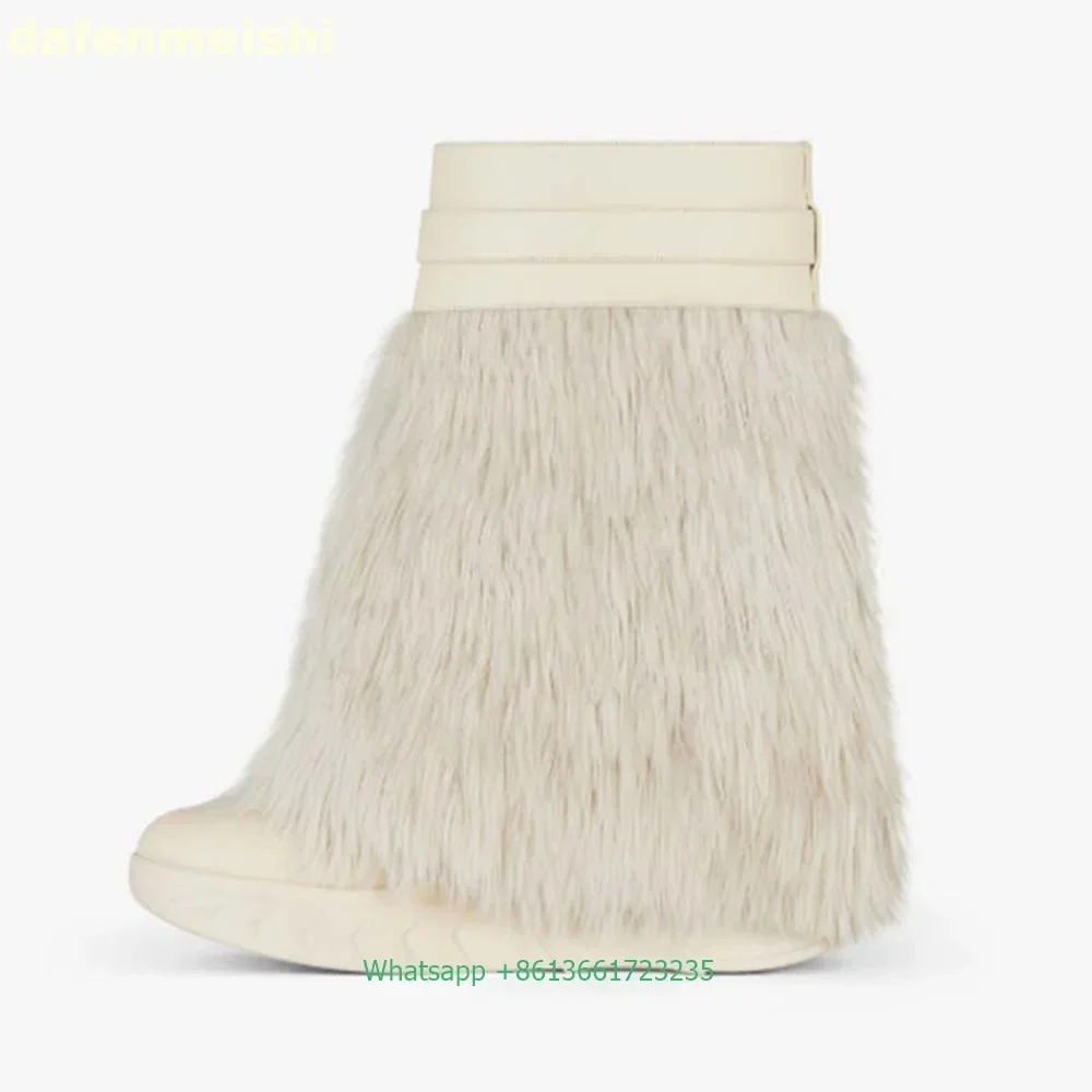 2025 Winter New Gold Lock Shark Boots Fur Tassel Style Fashion Round Toe Wedges Mid-Calf Boots Platform Bottom Large Size Boots