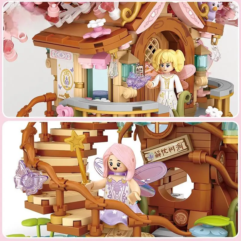 Diy casa de árvore de flor de cerejeira com partículas em miniatura montado bloco de construção modelo brinquedo bonito presente da menina brinquedo das crianças
