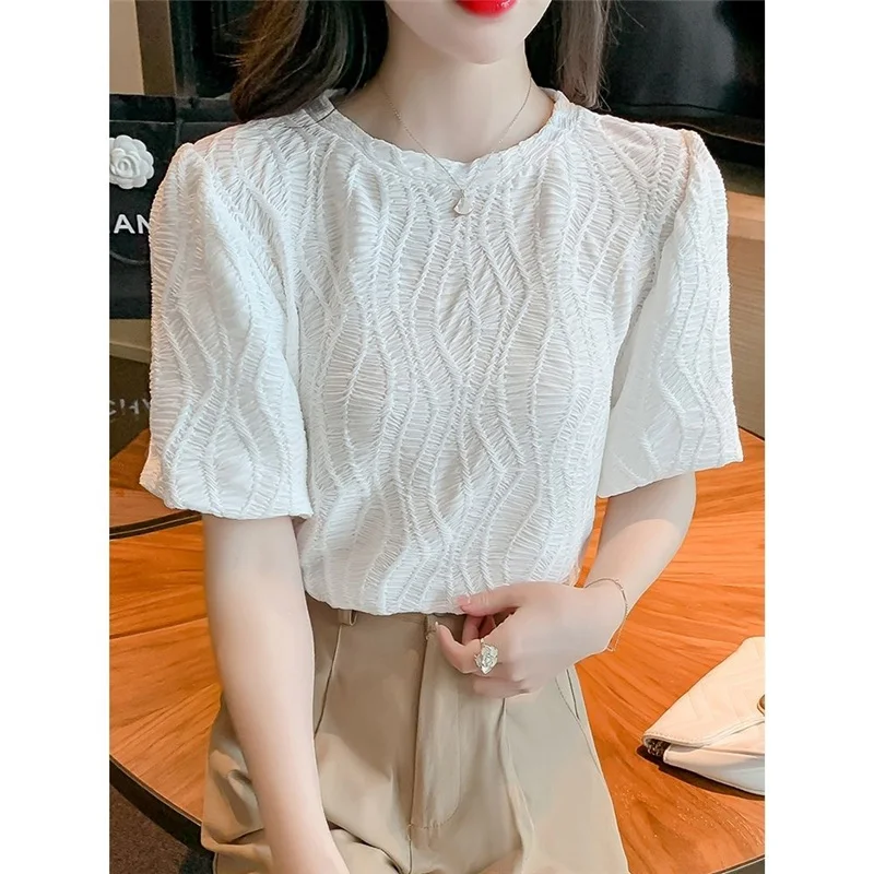 Chic Sweet Jacquard Green White Fashion Chiffon Top Blouse Women Summer Casual O Neck Puff Short Sleeve Slim Shirts Blusas Mujer