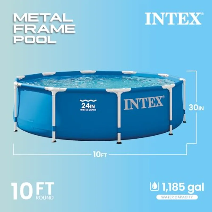 Outdoor swimming pool set for backyard use, metal frame construction, silver-gray color, includes 330 GPH filter pump, cover, a