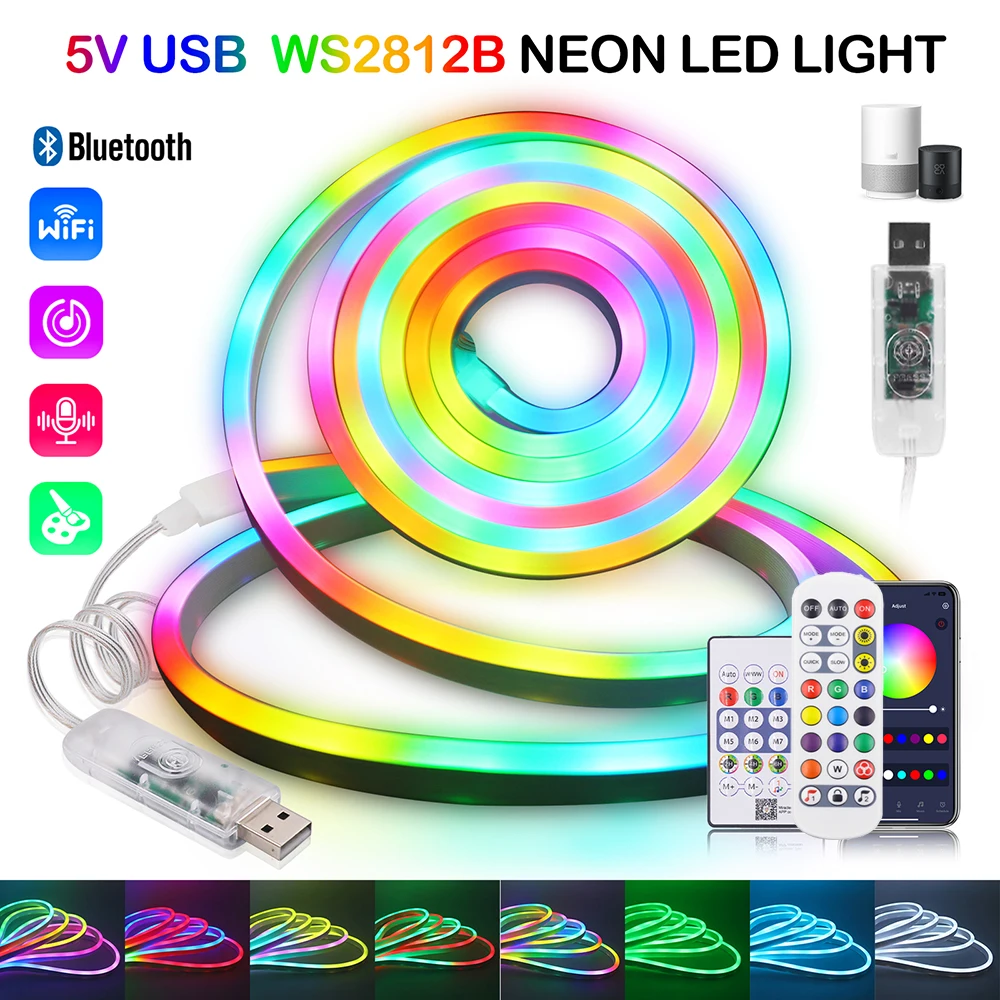 1/2 Roll 5V USB RGB WS2812B LED Neon Strip Light WIFI Bluetooth 24Key Remote Control Waterproof Flex 33LED Gaming Decor 1M 2M 5M