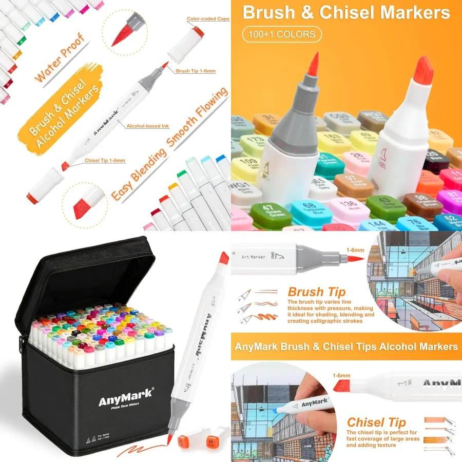 

Спиртовые маркеры AnyMark, наконечник кисти, 100 + 1 цвет, двойной наконечник, долото, набор художественных маркеров на спиртовой основе с футляром для взрослых художников
