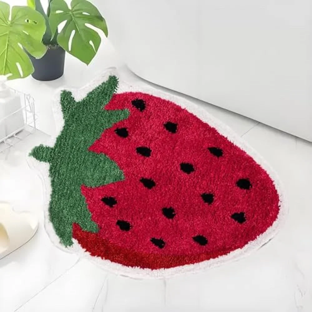 Strawberry Bathroom Rugs, Luxury Absorbent Non Slip Red Bathroom Mats, Fruit Shaped Bathtub Rug Bathroom Tub Fun Bath Mat Washab