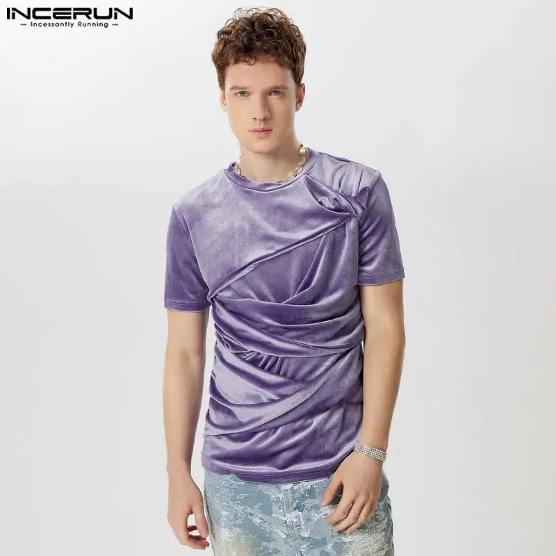 INCERUN Men Irregular T Shirt Solid Color O-neck Short Sleeve Velour Casual Male Tee Tops Streetwear Summer Fashion Men Clothing