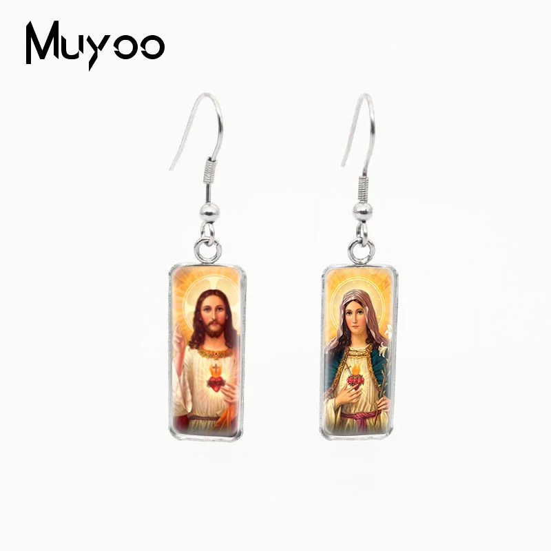 Jesus Christ Mother Mary Rectangle Fish Hook Earrings Jesus and Virgin Mary Jewelry Stainless Steel Fish Hook Earrings
