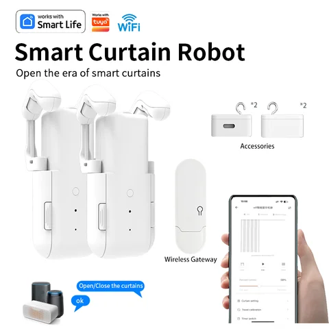 새로운 업데이트 WiFi 스마트 커튼 기계, 3in1 트랙, 타이밍 광 센서, 게이트웨이 앱 제어, 음성 제어, 축제 선물 포함