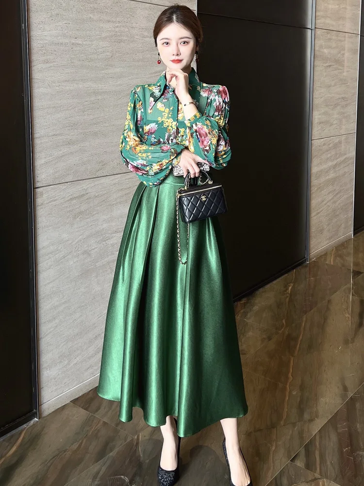 ZJYT Designer Fashion Lantern Sleeve Print Chiffon Blouse and High Waist Skirt Set Womens Green Outfit 2Piece Dress Suits Spring