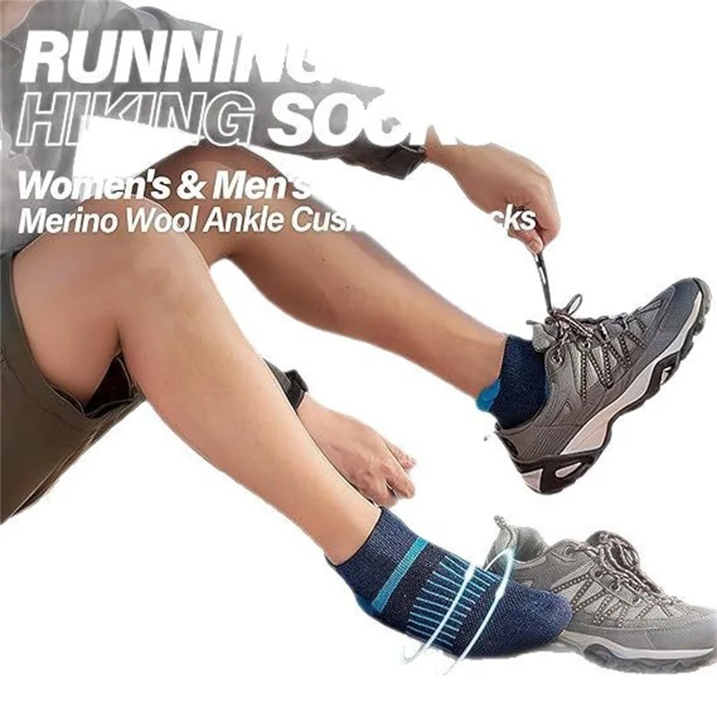 6 ペアメリノウールアンクルランニングハイキングソックス圧縮サポート通気性厚いクッションノーショーソックス女性男性用