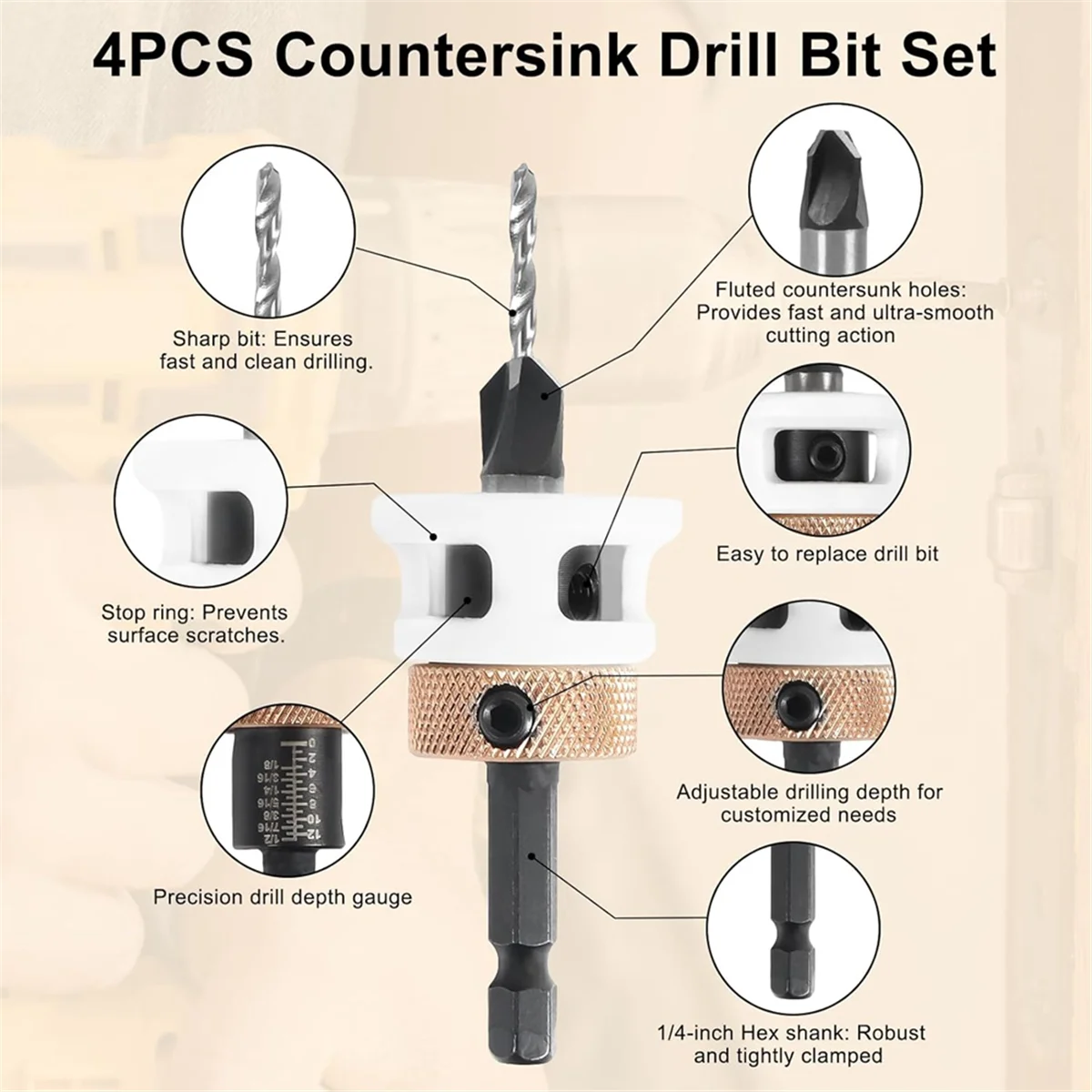 

ABNJ 4PCS Countersink Drill Bit Set with Low Friction Depth Stop & Replaceable HSS M2 Drill Bit, Counter Sink Drill Bit