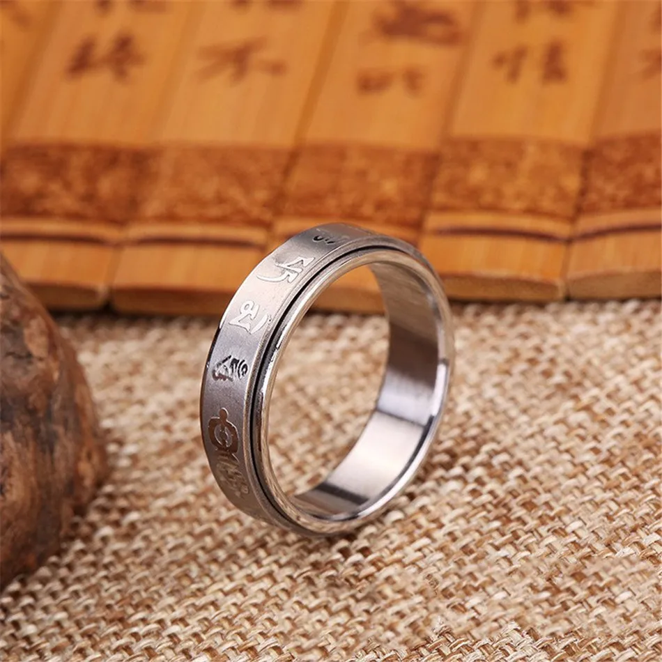 Tibetan Titanium Steel OM Mani Padme Hum Amulet Ring Rotatable Ring for Men Women Titanium Steel Buddhist Ring Om Mani Padme Hum