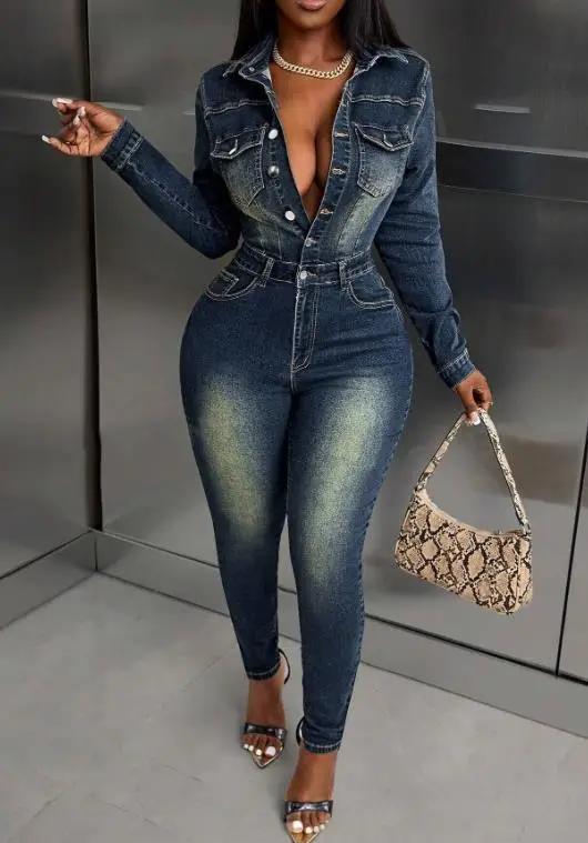 จั๊มสูทเดนิมทรงเข้ารูปเอวสูงสไตล์เรโทรแฟชั่นฤดูใบไม้ร่วง ติดกระดุมหน้า ปกเสื้อแบบปกเชิ้ต สำหรับผู้หญิง จั๊มสูทเดนิมสุดฮิตสไตล์ไฮสตรีท