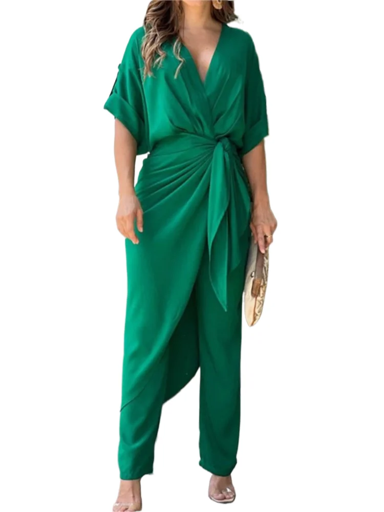 

Fashion Solid Color Pant Sets Two Piece Set Women V-Neck Lace Up Short Sleeve Irregular Long T Shirt Trousers Two Piece Set 2024