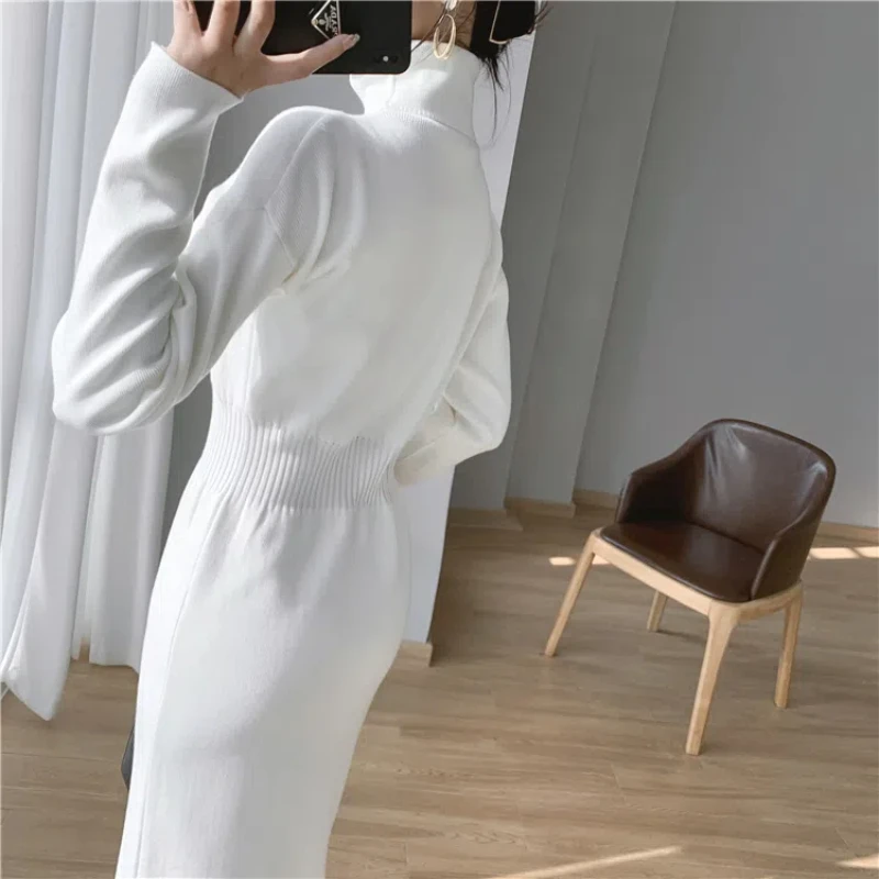 Women\'s Turtleneck 2024 Autumn Black Elegant Long Sleeve Knitted Dress White High Waist Knit Bodycon Midi Sweater Dresses Simpl