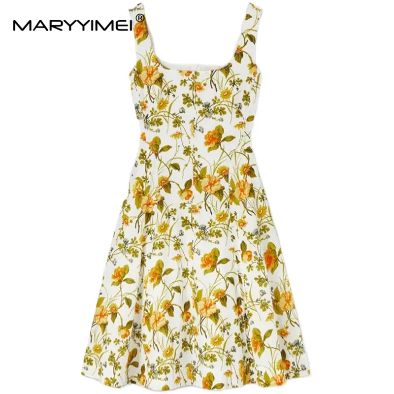 

MARYYIMEI Fashion Designer Summer Women's dress Spaghetti Strap Floral-Print Sexy Elegant Beach Holiday Cotton Dresses