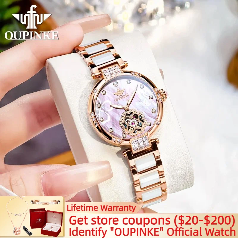 

OUPINKE Original Automatic Mechanical Watch for Women Rose Gold Ceramic Band Luxury Diamond Waterproof Luminous Ladies Watch