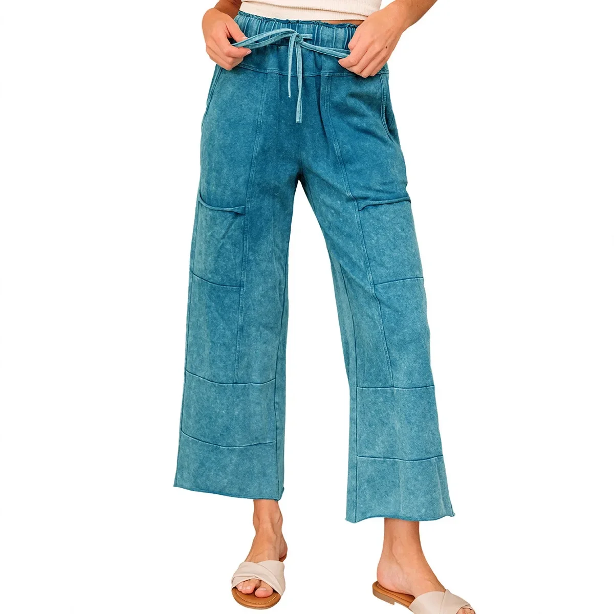 Pantalones Casuales de Cintura Alta con Cordón y Bolsillos Grandes para Mujer, Otoño 2026, Nuevo Color Sólido, Pantalones Largos de Pierna Ancha para Mujer