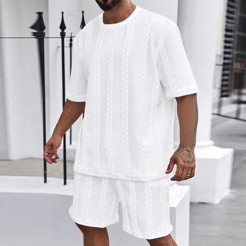 

2025 Knitted Solid Color Jacquard Summer Casual Round Neck Hoodie Short Sleeve Shorts Sport Men's Set