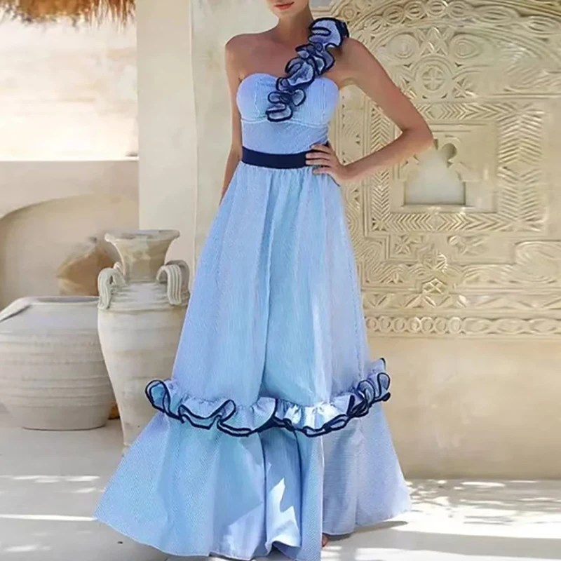 

Сексуальный купальник-бикини с одним плечом и рюшами, женский, элегантный, в полоску, пляжный комплект из 2 предметов, модный, с юбкой, облегающий комплект