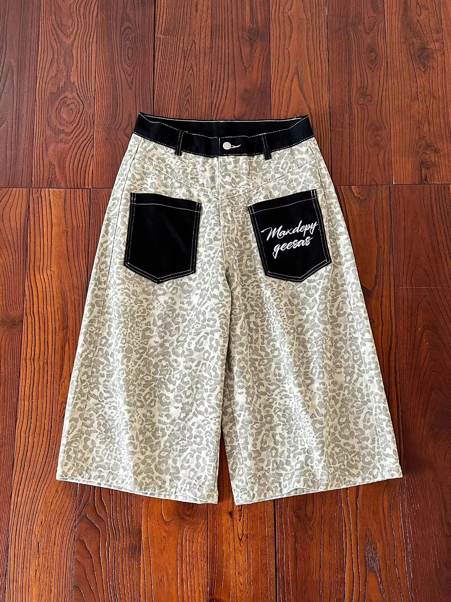 

American Style Patchwork Pocket Connect Retro Leopard Print Seven-Foot Pants Unisex Summer Loose Wide Leg Street Neutral Shorts