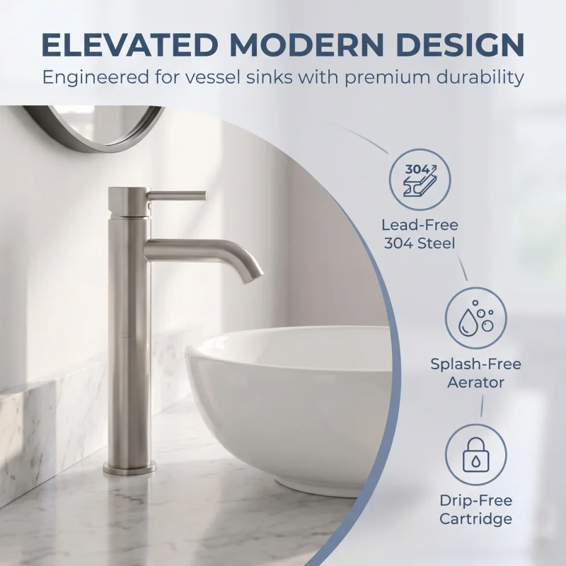 304 Stainless Steel Basin Faucet Single Cold Water Tap, Deck Mounted Tall Raised Extended Sink Tap, Matte Black / Silver