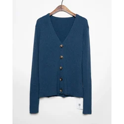 Textured Cotton Knitted Cardigan Women V Neck Button Basic Sweater Knitwear