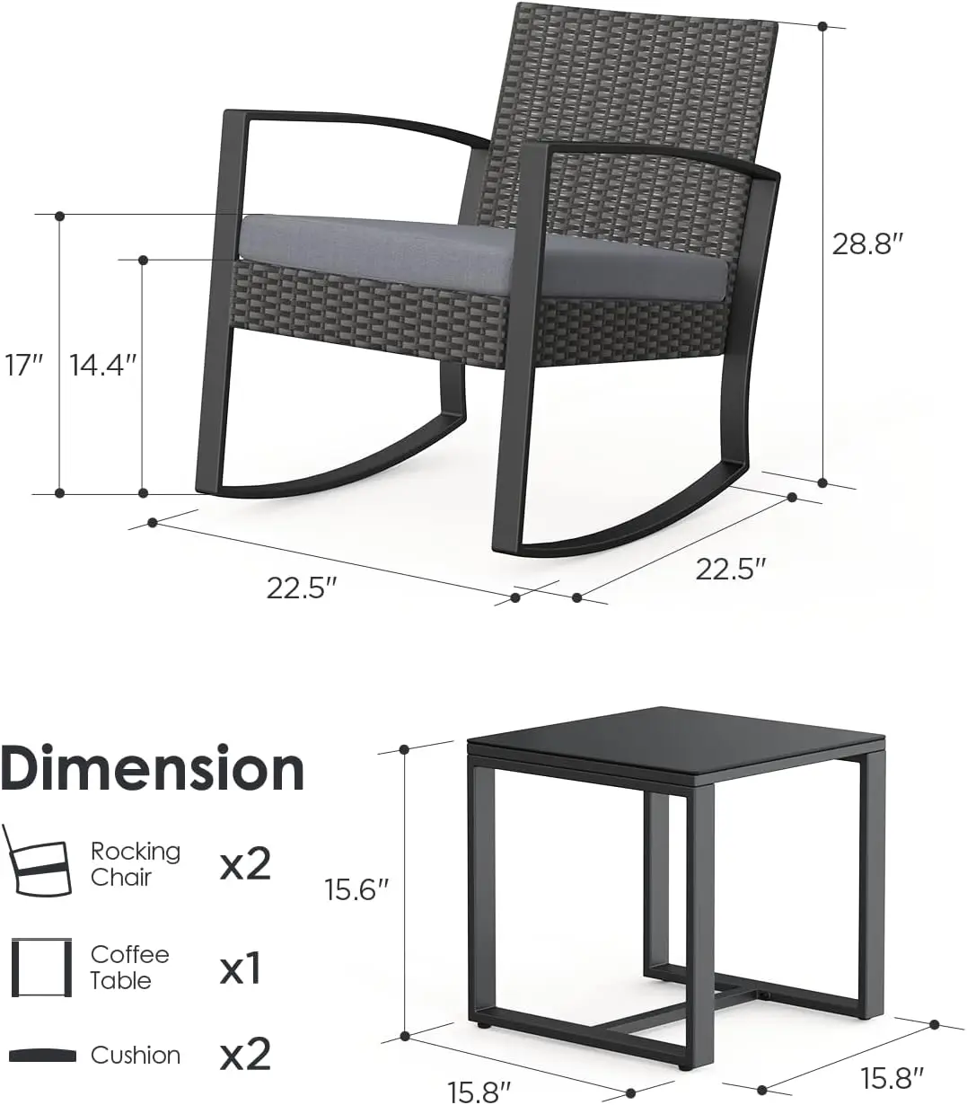 Set furnitur teras anyaman, kursi goyang luar ruangan, furnitur luar ruangan dengan meja & bantal, furnitur teras balkon