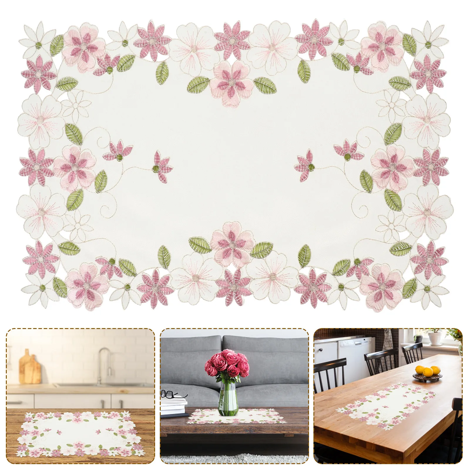 Embroidered Tablecloth Set 2 Piece Rustic Hollow Floral Satin Placemats for Dining Wedding Banquet Vase