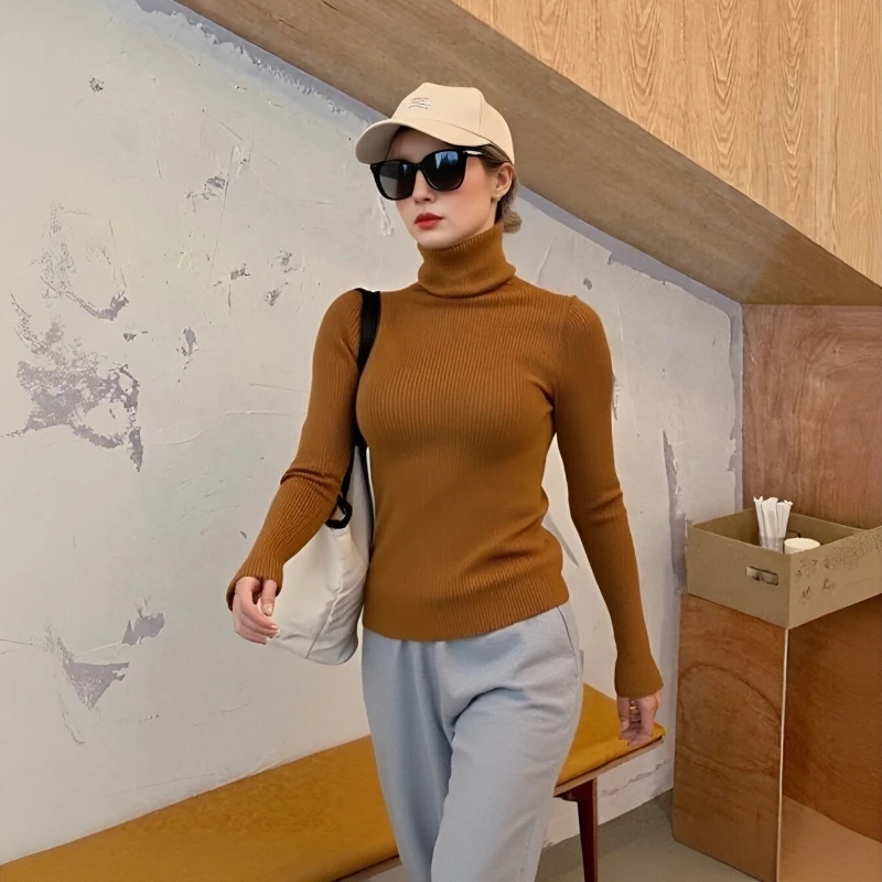 

Korean Slim Fit Solid Color Turtleneck Women's Chic Long Sleeved Sweater Autumn Winter Fashion Elegant Versatile Casual Pullover