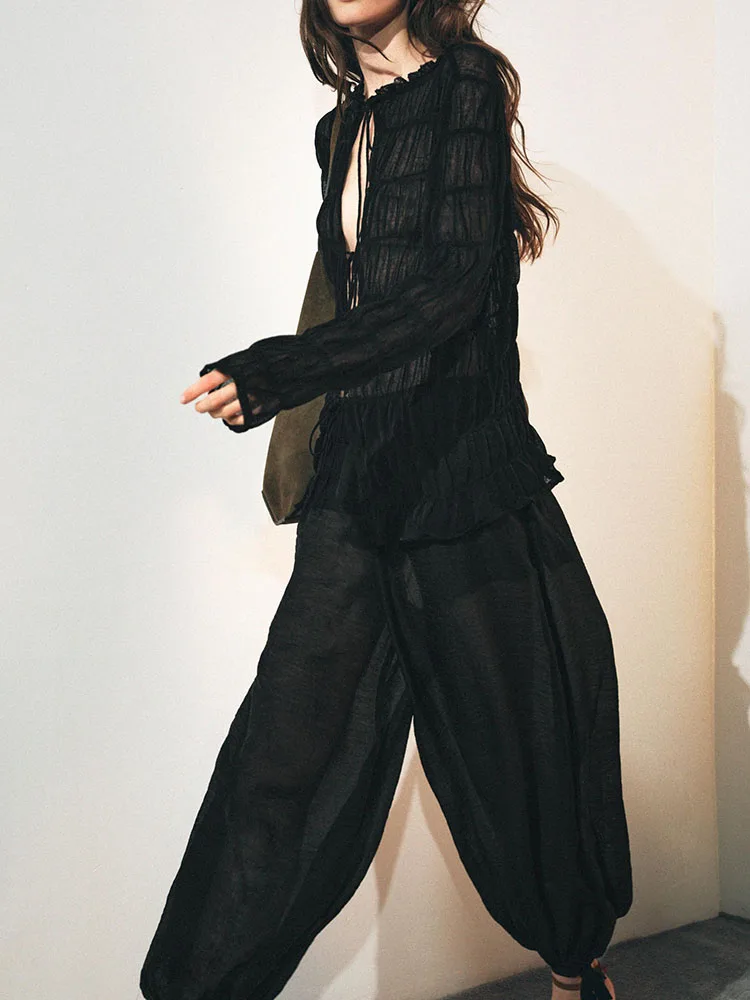 Faionable Damen-Puffy-Hose in Übergröße mit Knotenverzierung, Herbst 2022, Neuankömmling, vielseitig, schlankmachend, mittlere Taille, Lante...