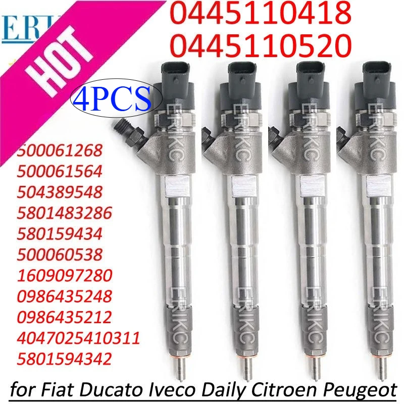4PC 0445110520 0445110418 Common Rail Diesel Injector 0 445 110 520 for Fiat Ducato Iveco Daily Citroen Peugeot 504389548