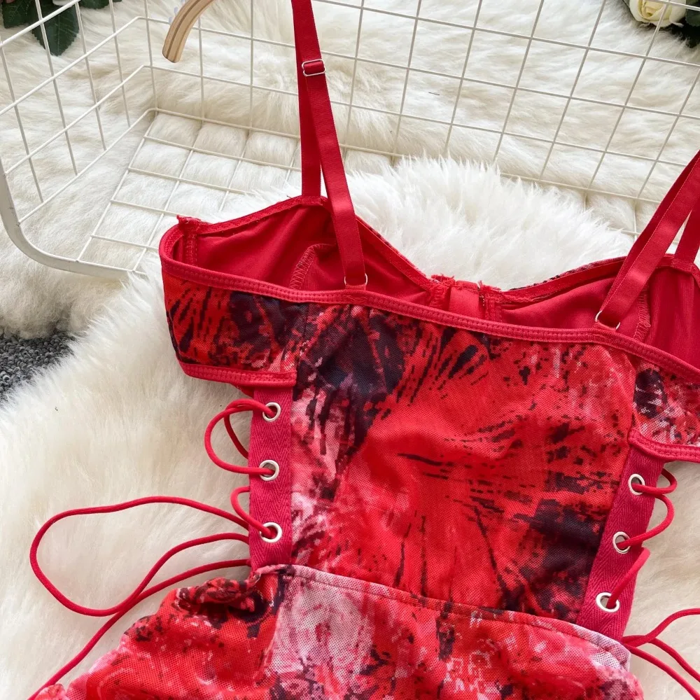 섹시한 컷 아웃 Draw String ﻿   메쉬 주름 인쇄 슬립 드레스 세련된 빈티지 여성 세련된 슬림 여름 연필 드레스