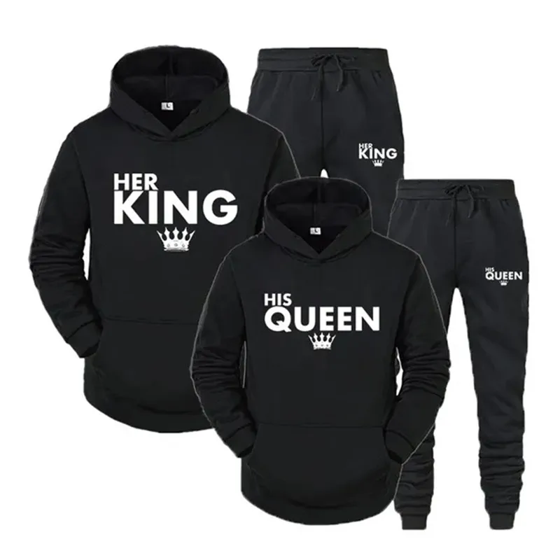 Lover Her QUEEN or His KING Printed Tracksuits Couple Hoodies Outfit Suits Casual Hooded Sweatshirt + Sweatpants Two Piece Set