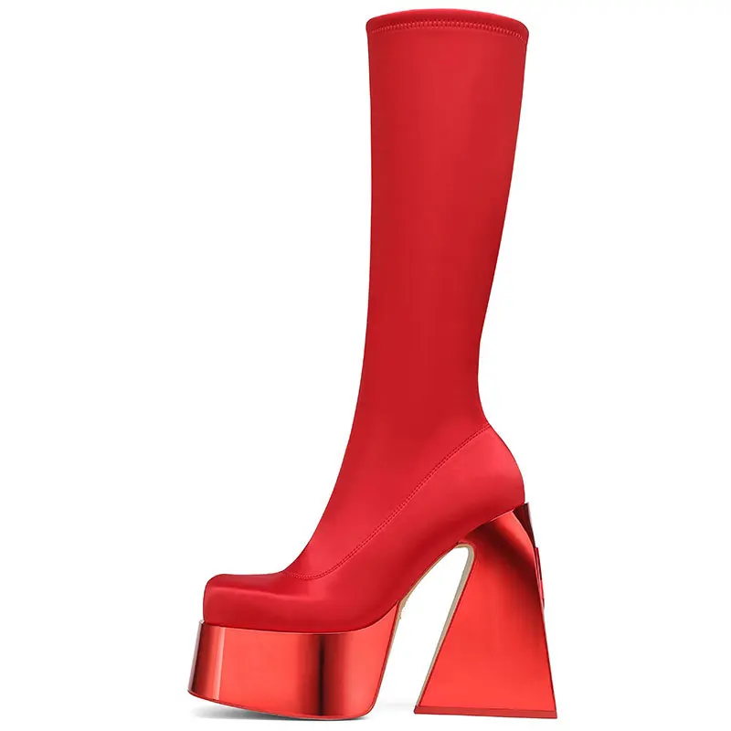 Silver Red Color Waterproof Platform Boots Ultra High Heel Square Head Fashion Women\'s Boots Steel Pipe Dance Stage Boots 35-43