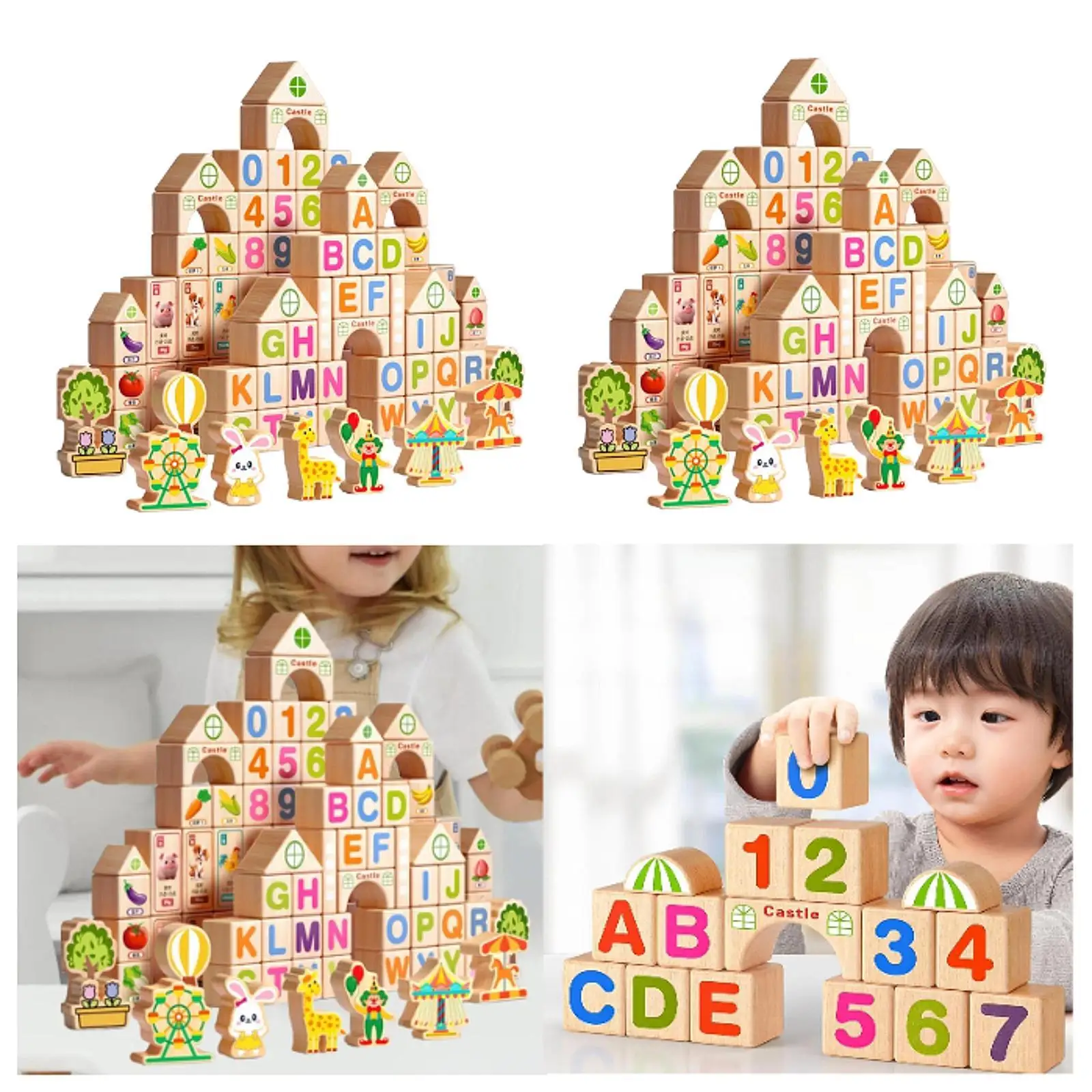 100 قطعة من مكعبات البناء الخشبية لتعلم الألعاب الحسية وتعلم شكل رقم الحروف