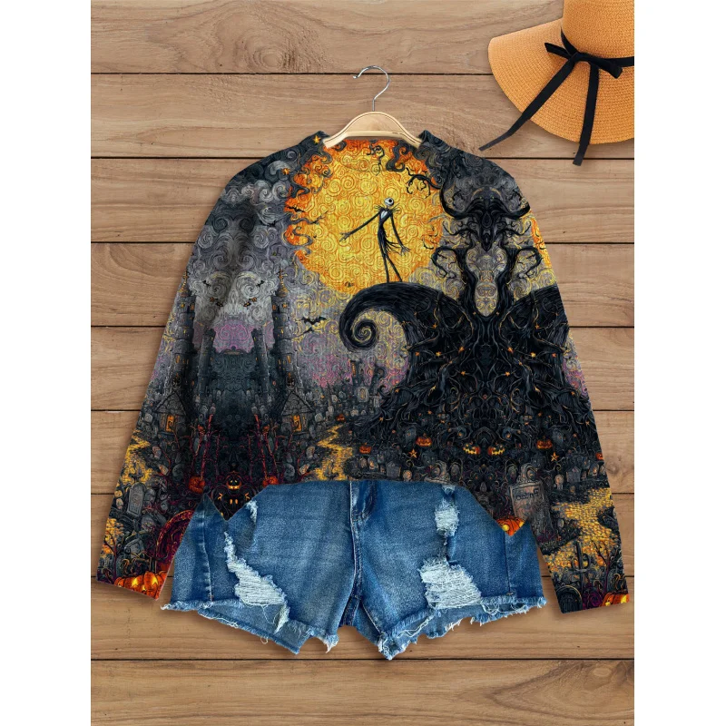

Halloween Dancing Skeleton Digital Print Women Sweater Knit Pullover Thick Loose Crew Neck Long Sleeve Autumn Winter Fashion