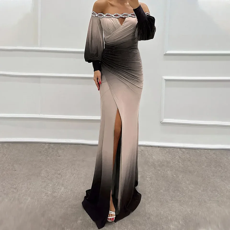 

Womens Sexy Off Shoulder Prom Gowns Elegant Tie Dye Printed Bodycon Split Party Long Dresses Clubwear Rhinestone Luxury Dress