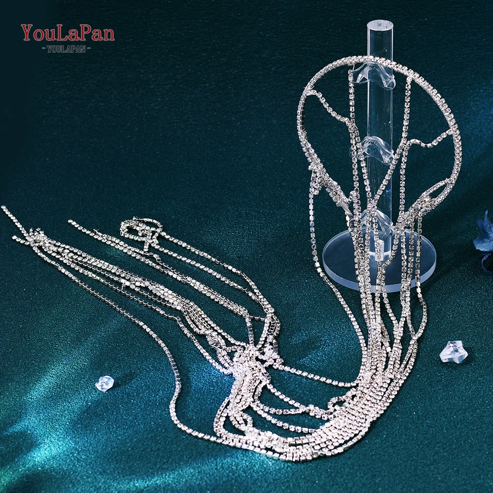YouLaPan Bride Sparkly Hair Hat With Long Drill Chain Tassels Wedding Rhinestone Headwear Accessories Bridalsmaid Headwear HP657