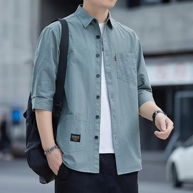 

Japanese Men's 2024 Summer New Patchwork Square Collar Button Pocket Solid Color Slim Comfortable Casual Half Sleeve Shirts