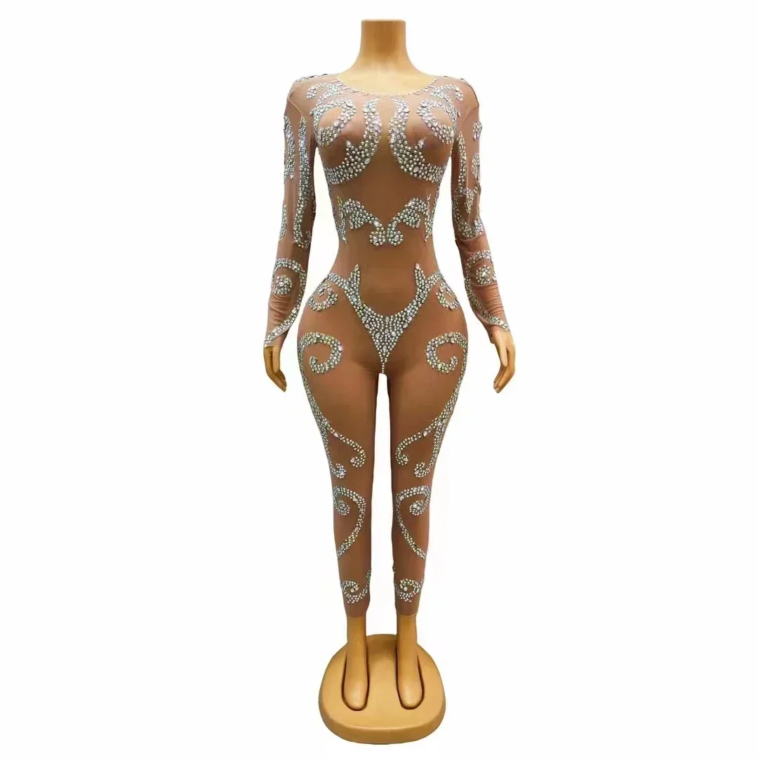 

Sparkly Rhinestones Nude Transparent Nightclub Jumpsuit Long Sleeve Stretch Mesh Pole Dance Skinny Leotard Singer Stage Costume