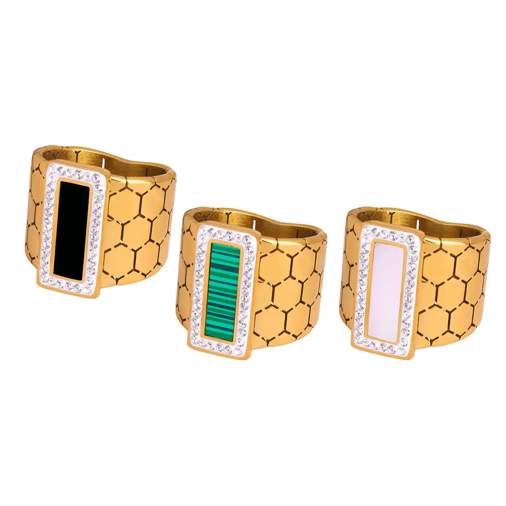 Luxury Stainless Steel Ring for Women Black Acrylic Turquoise Square Crystal Ring Girl Punk Accessories Fashion Jewelry Gift