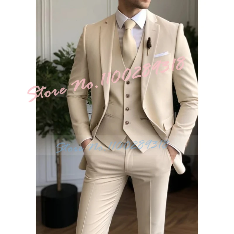 

Beige Men Suits 3 Piece Fashion Single Breasted Notch Lapel Slim Formal Wedding Suits Costume Mariage Homme(Blazer+Vest+Pants)