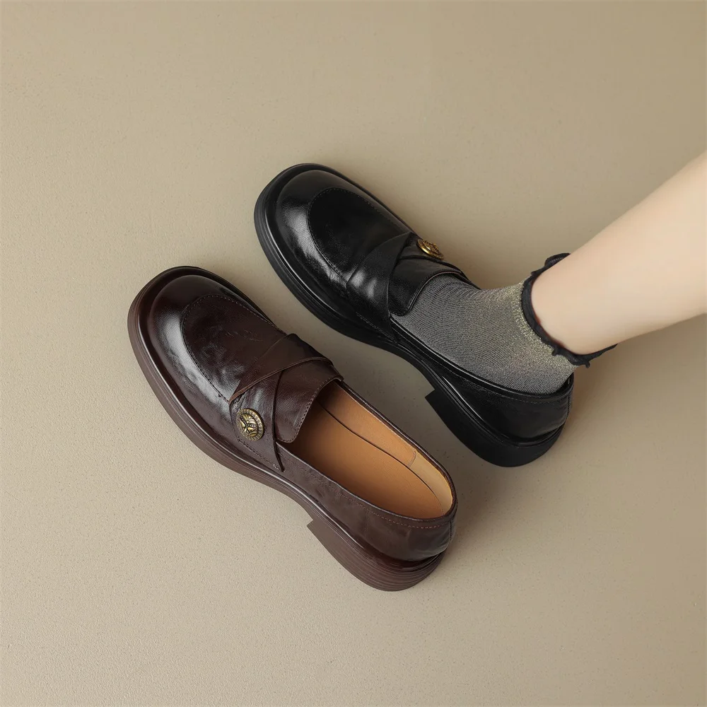 RIZABINA New Real Leather Flats Shoes For Woman Fashion Ins Spring Loafers Shoes Female Club Daily Slip on British Style Shoes