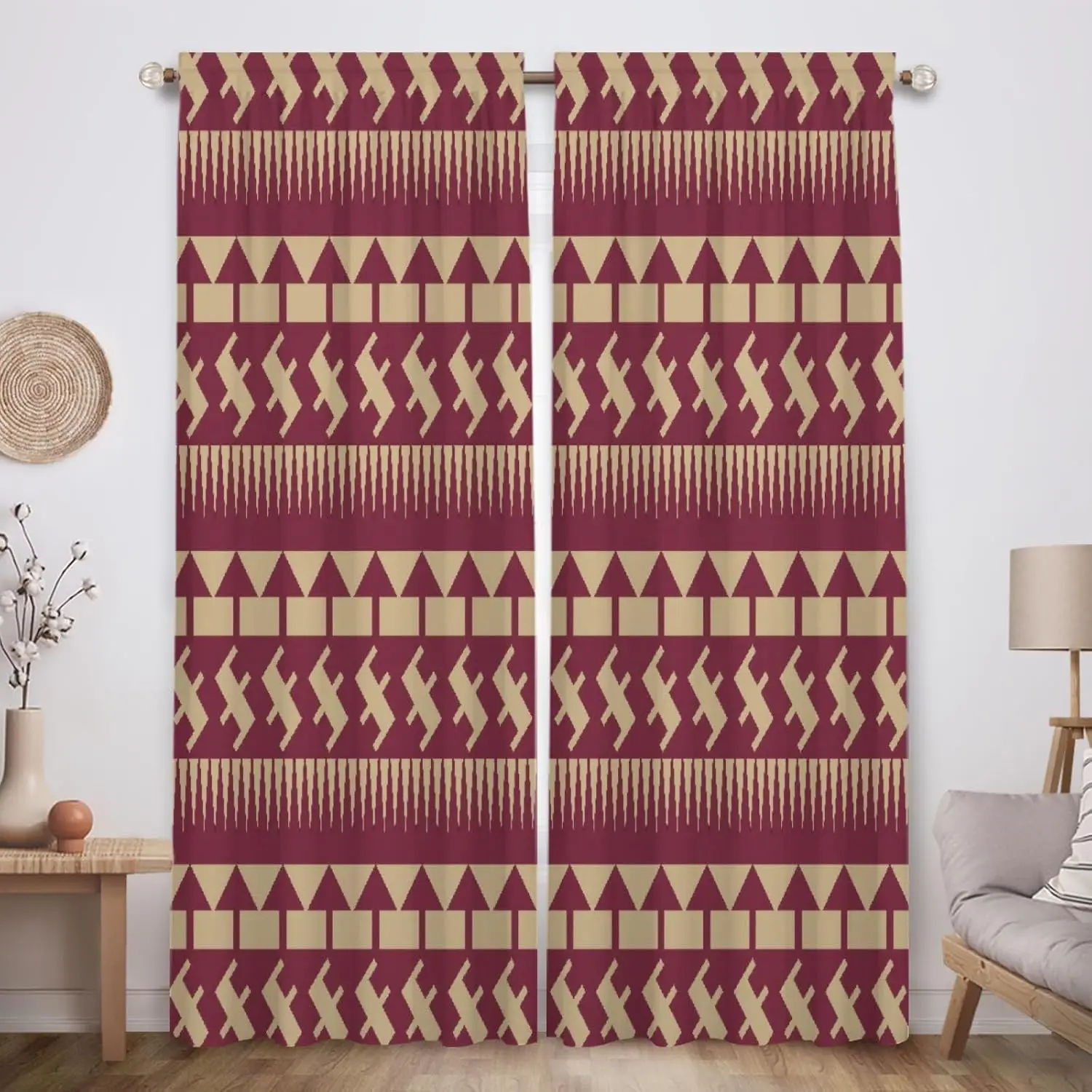2pcs Geometric Chevron Tribal Pattern Curtains Set for Living Room Home Decor Maroon Red Beige Accent Window Drapes