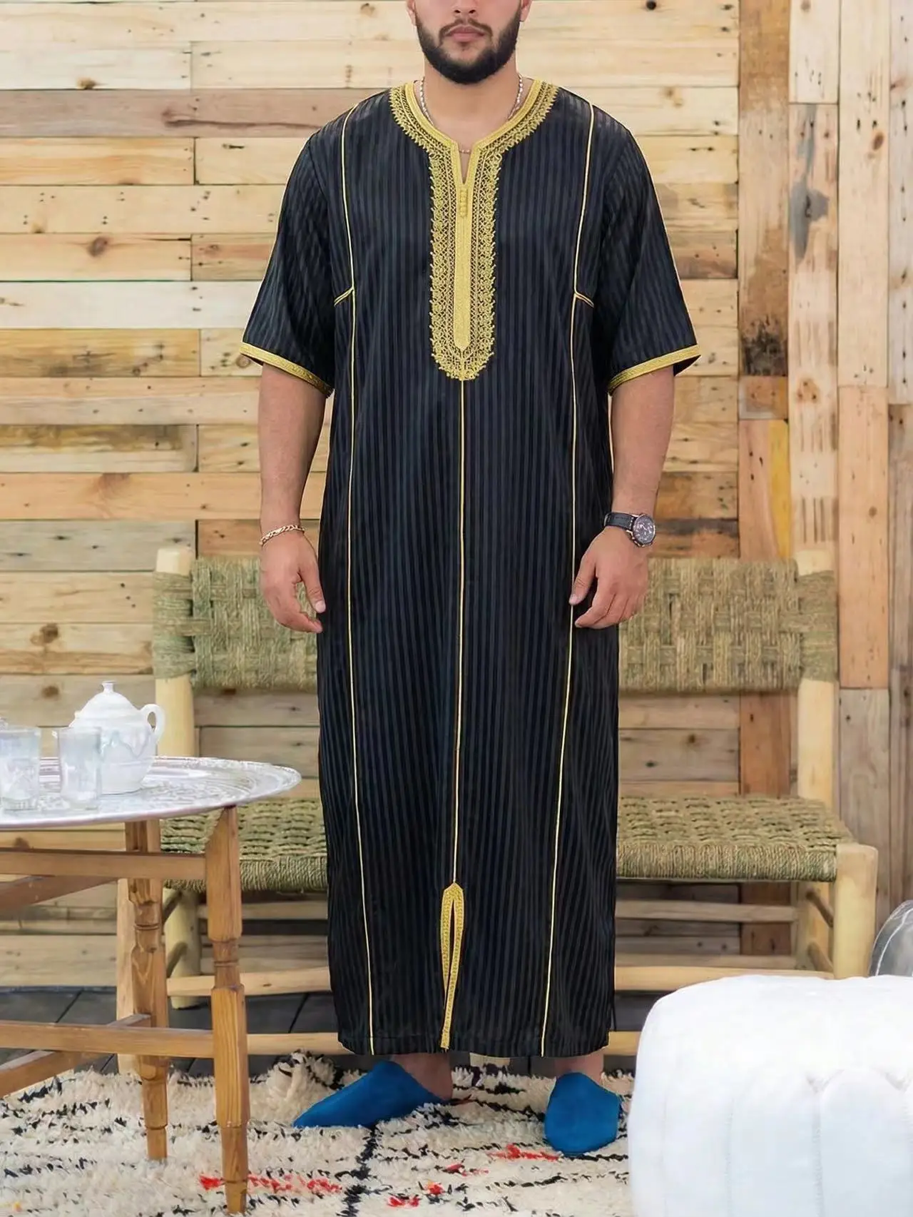 Muslim Men's Morocco Gandoura Thobe Loose Short Sleeves Gorgeous Embroidery Comfortable Islamic Men's Traditional Clothing Party