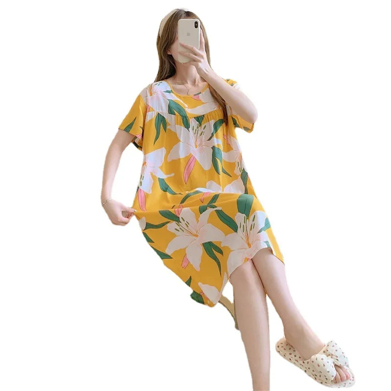 Summer Cotton Silk Nightgown Women\'s Home Wear Short-Sleeved Cartoon Print Pajamas Burst Large Size Spring and Autumn Home Wear